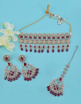 modish oval and flower shape uncut kundan gold plated collar jewellery set for women 1