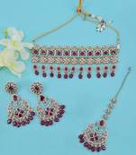 modish oval and flower shape uncut kundan gold plated collar jewellery set for women