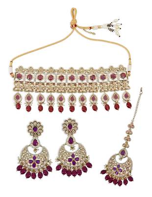modish oval and flower shape uncut kundan gold plated collar jewellery set for women 2