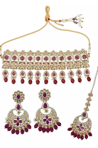 modish oval and flower shape uncut kundan gold plated collar jewellery set for women