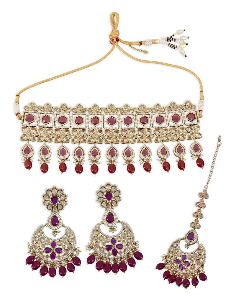 modish oval and flower shape uncut kundan gold plated collar jewellery set for women