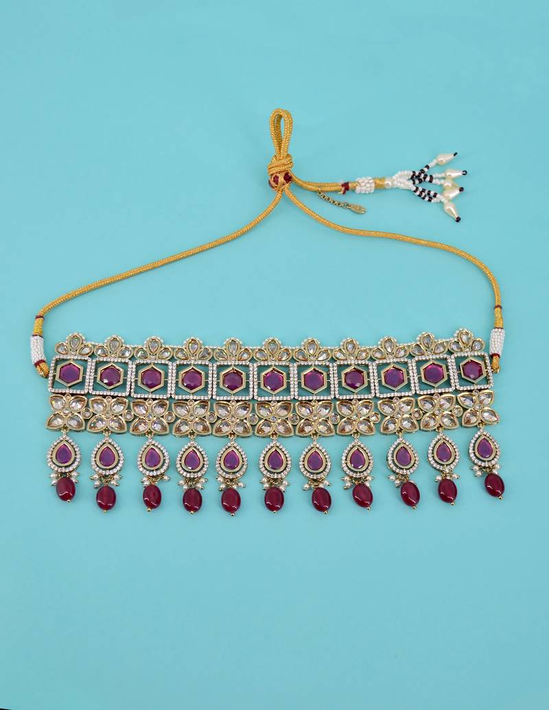 modish oval and flower shape uncut kundan gold plated collar jewellery set for women