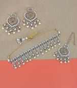 lavish oval and flower shape uncut kundan gold plated collar jewellery set for women