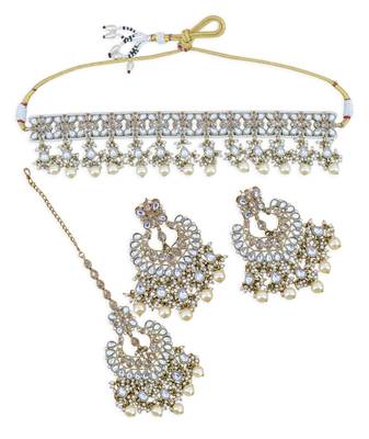 lavish oval and flower shape uncut kundan gold plated collar jewellery set for women 2