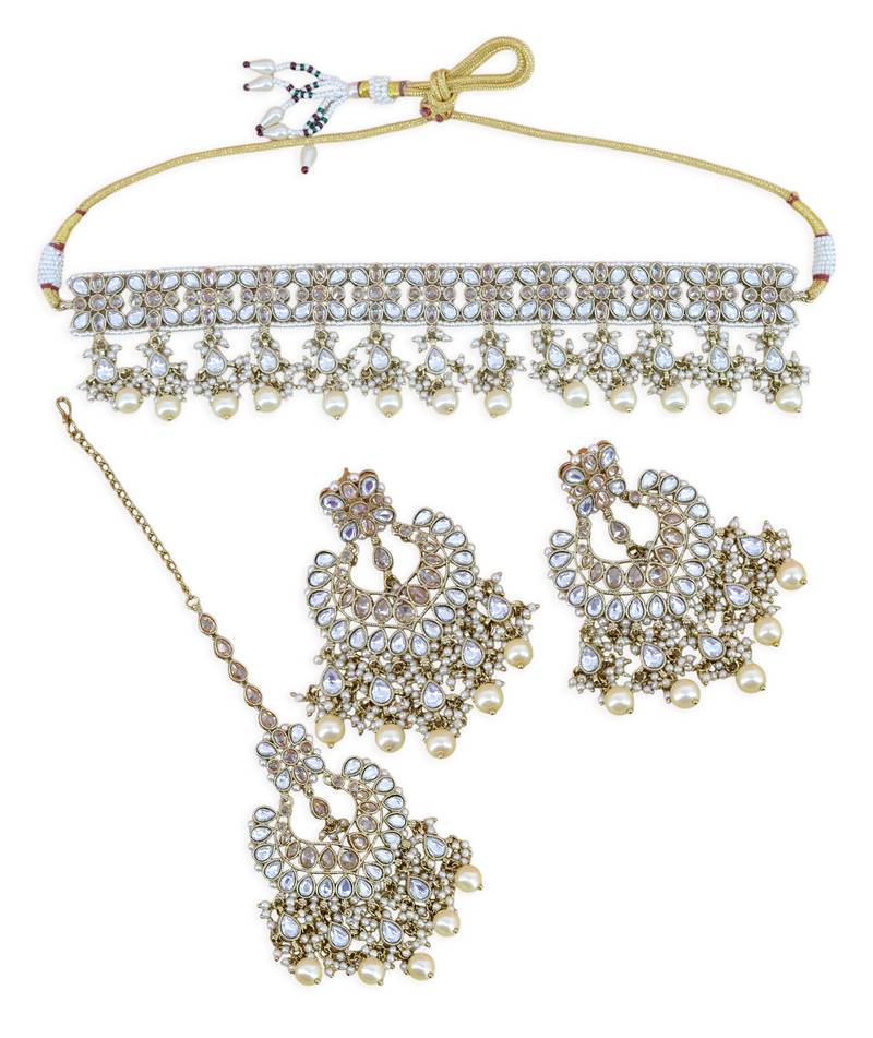 lavish oval and flower shape uncut kundan gold plated collar jewellery set for women