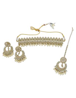 modern leaf design uncut kundan gold plated collar jewellery set for women 1