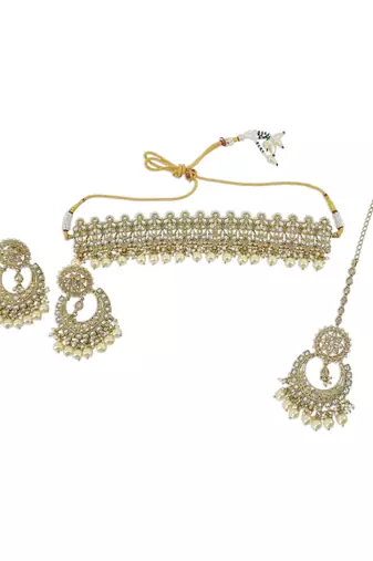 modern leaf design uncut kundan gold plated collar jewellery set for women
