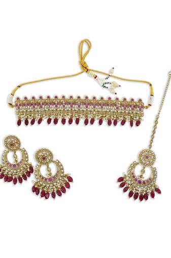 stylish leaf design uncut kundan gold plated collar jewellery set for women