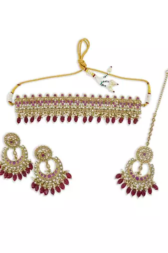stylish leaf design uncut kundan gold plated collar jewellery set for women