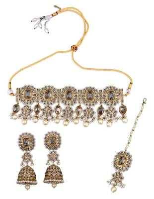 glorious oval and flower shape uncut kundan gold plated collar jewellery set for women 2