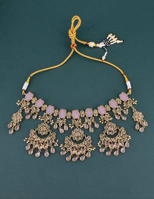 modern round and oval shape uncut kundan gold plated choker jewellery set for women 2