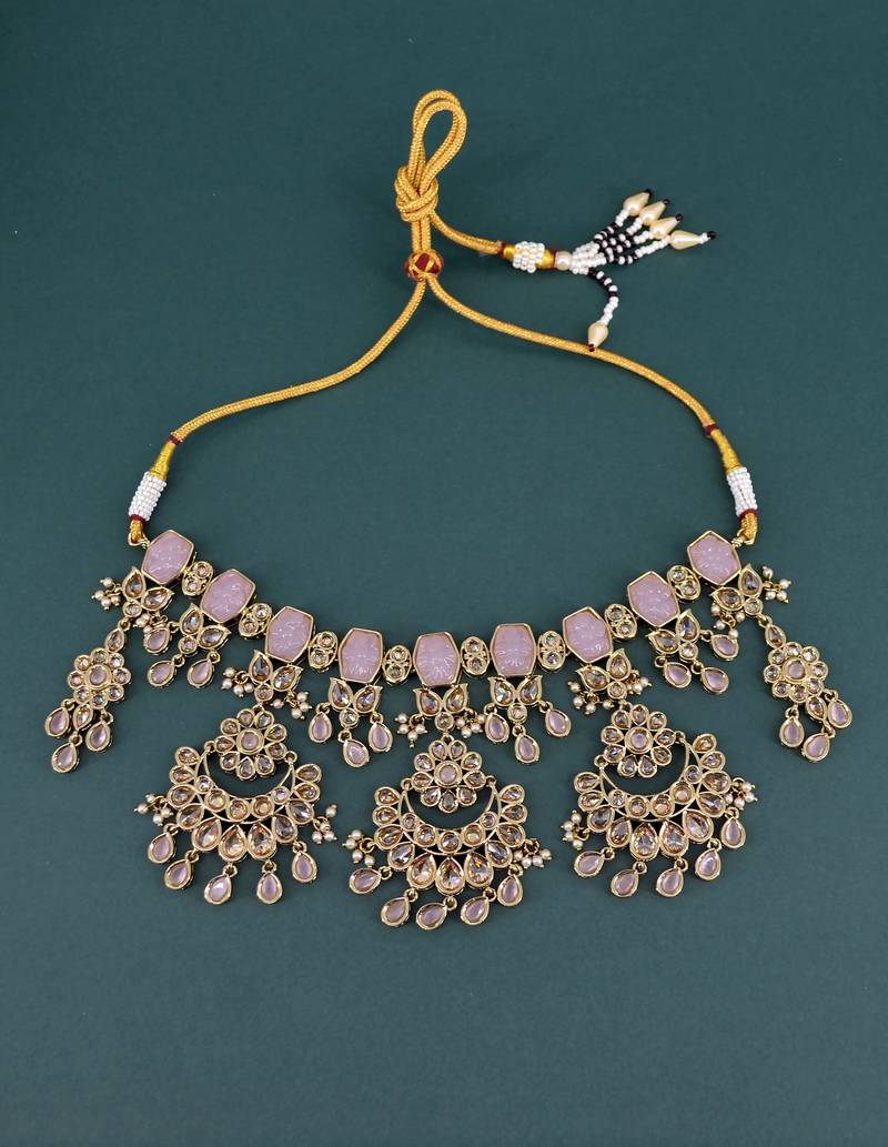 modern round and oval shape uncut kundan gold plated choker jewellery set for women