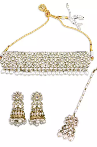 pretty round and oval shape pearl uncut kundan gold plated collar jewellery set for women