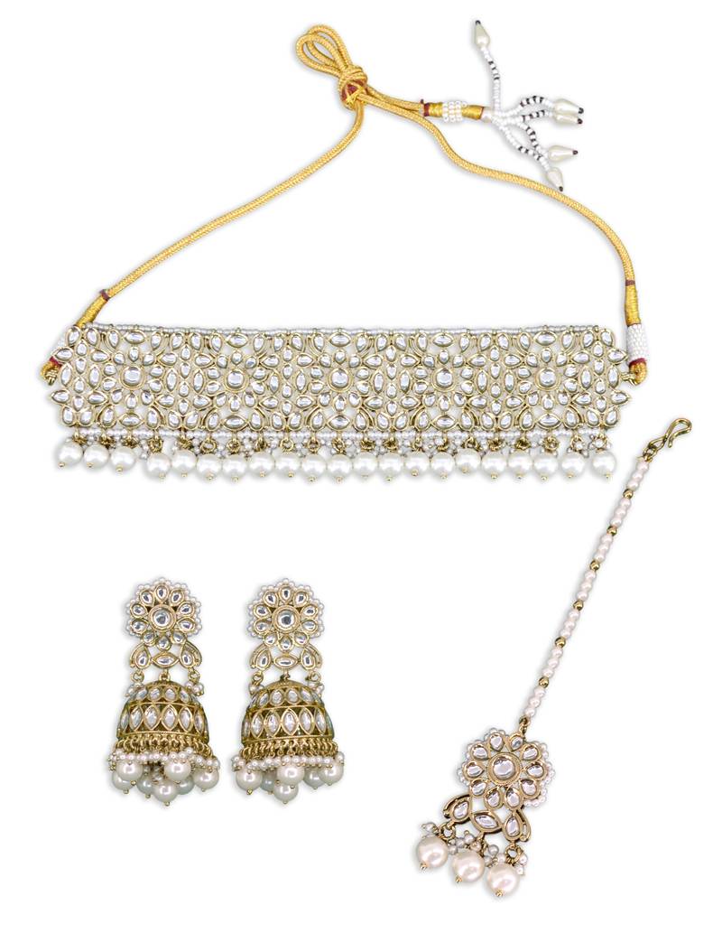 pretty round and oval shape pearl uncut kundan gold plated collar jewellery set for women
