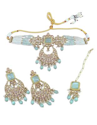flower and chandelier shape pearl lariat uncut kundan gold plated choker jewellery set for women 1