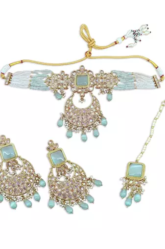 flower and chandelier shape pearl lariat uncut kundan gold plated choker jewellery set for women