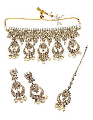 stylish flower and chandelier shape uncut kundan gold plated choker jewellery set for women 1