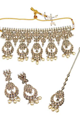 stylish flower and chandelier shape uncut kundan gold plated choker jewellery set for women