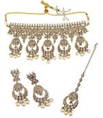 stylish flower and chandelier shape uncut kundan gold plated choker jewellery set for women