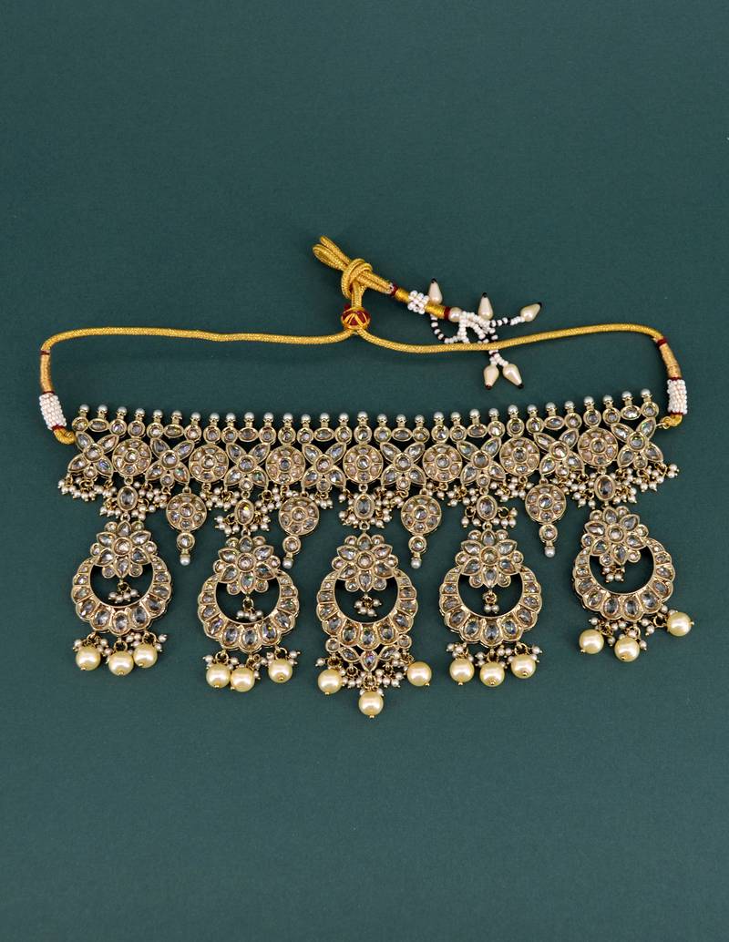 stylish flower and chandelier shape uncut kundan gold plated choker jewellery set for women
