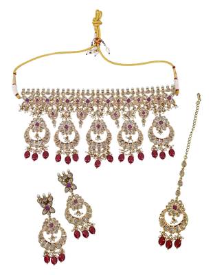 superb flower and chandelier shape uncut kundan gold plated choker jewellery set for women 1