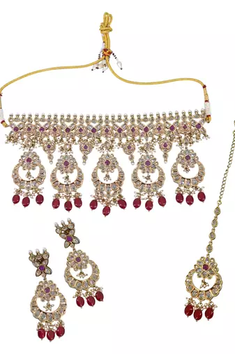 superb flower and chandelier shape uncut kundan gold plated choker jewellery set for women