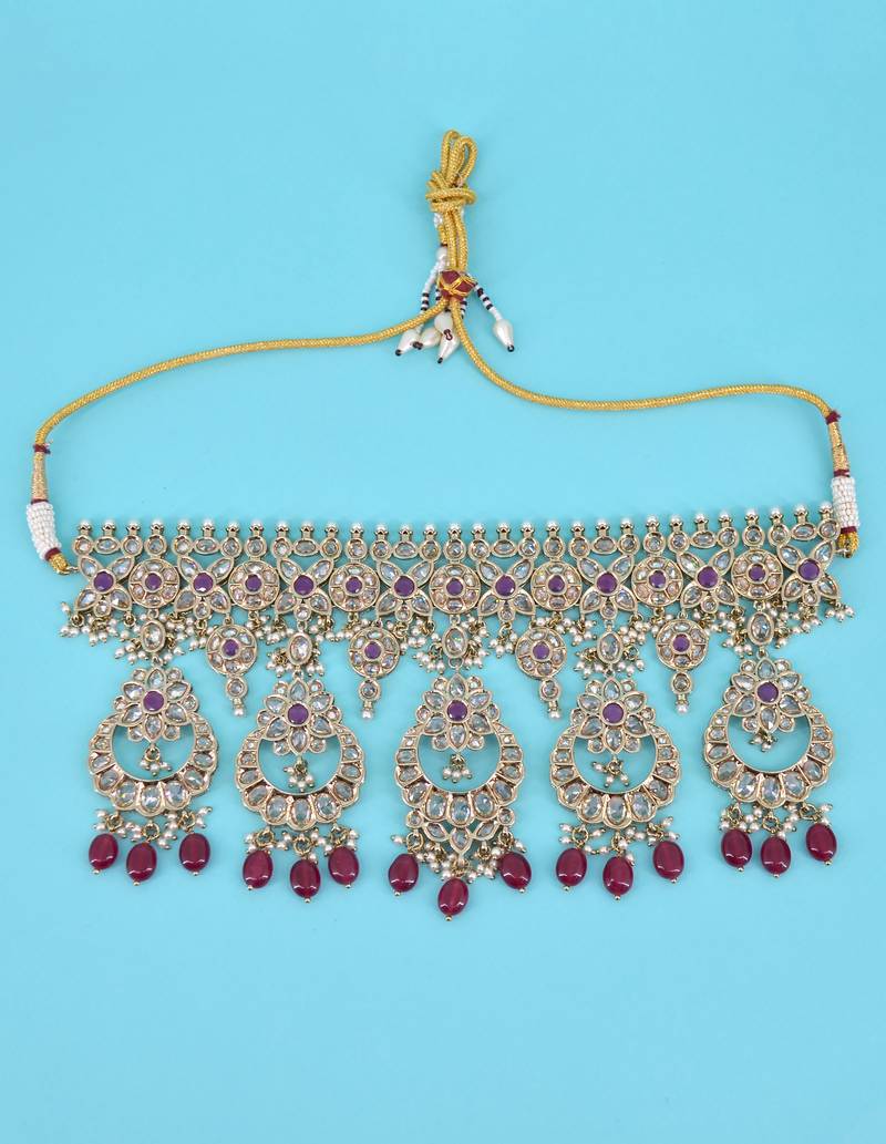 superb flower and chandelier shape uncut kundan gold plated choker jewellery set for women