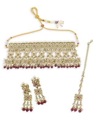 trendy flower design uncut kundan gold plated choker jewellery set for women 1