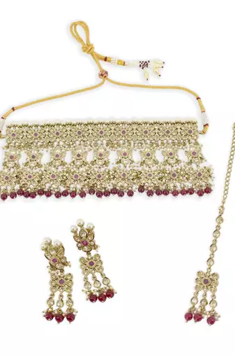 trendy flower design uncut kundan gold plated choker jewellery set for women