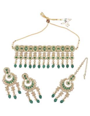 wavy round and flower design uncut kundan gold plated choker jewellery set for women 1