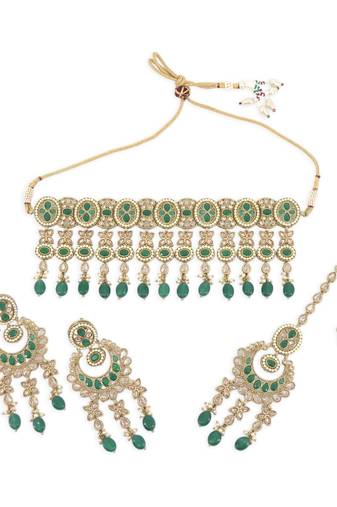 wavy round and flower design uncut kundan gold plated choker jewellery set for women