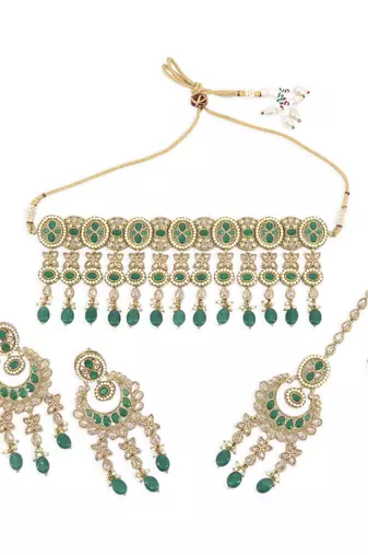 wavy round and flower design uncut kundan gold plated choker jewellery set for women