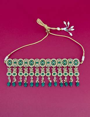 wavy round and flower design uncut kundan gold plated choker jewellery set for women 2