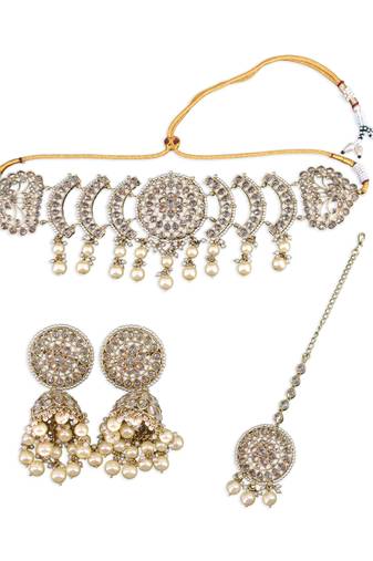 stylish flower and round shape uncut kundan gold plated choker jewellery set for women