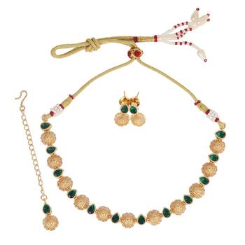 flowing round and oval shape kundan brass gold plated choker jewellery set for women 2