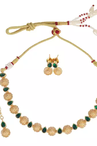flowing round and oval shape kundan brass gold plated choker jewellery set for women