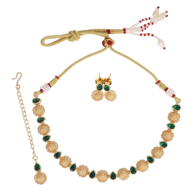 flowing round and oval shape kundan brass gold plated choker jewellery set for women