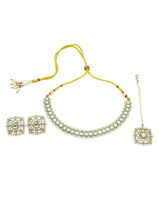 elegant square shape pearls antique gold plated choker neckalace set with maangtikka for women 1