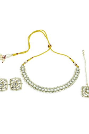 elegant square shape pearls antique gold plated choker neckalace set with maangtikka for women