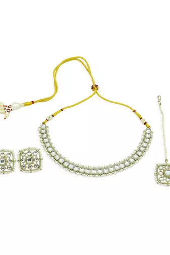 elegant square shape pearls antique gold plated choker neckalace set with maangtikka for women