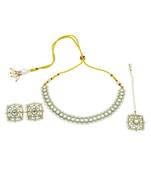 elegant square shape pearls antique gold plated choker neckalace set with maangtikka for women