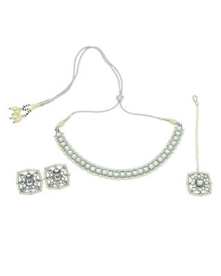 exotic square shape pearls silver plated choker neckalace set with maangtikka for women 1
