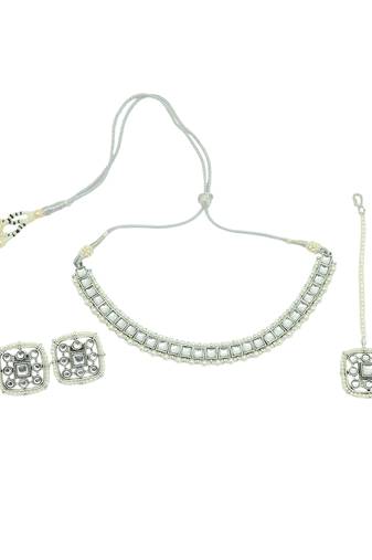 exotic square shape pearls silver plated choker neckalace set with maangtikka for women