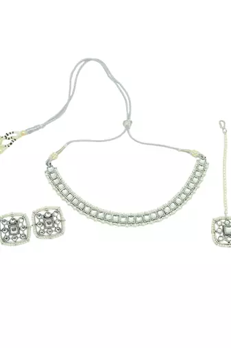 exotic square shape pearls silver plated choker neckalace set with maangtikka for women