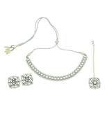exotic square shape pearls silver plated choker neckalace set with maangtikka for women
