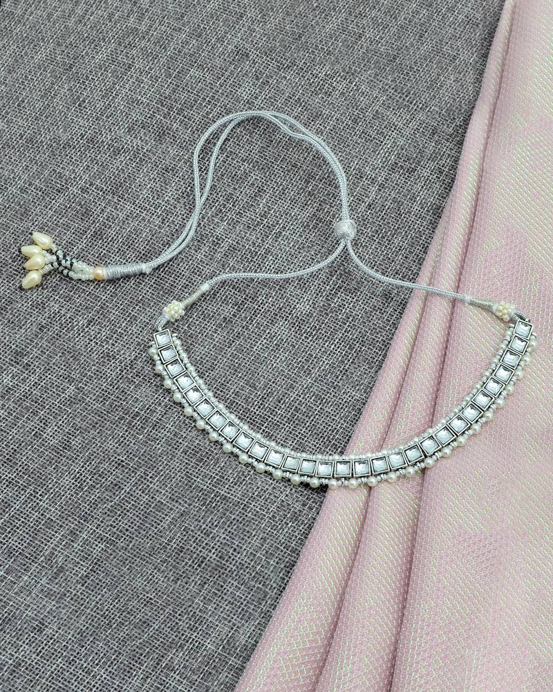 exotic square shape pearls silver plated choker neckalace set with maangtikka for women