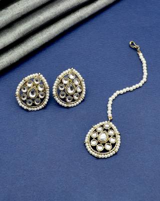 creative oval shape pearls antique gold plated choker neckalace set with maangtikka for women 5