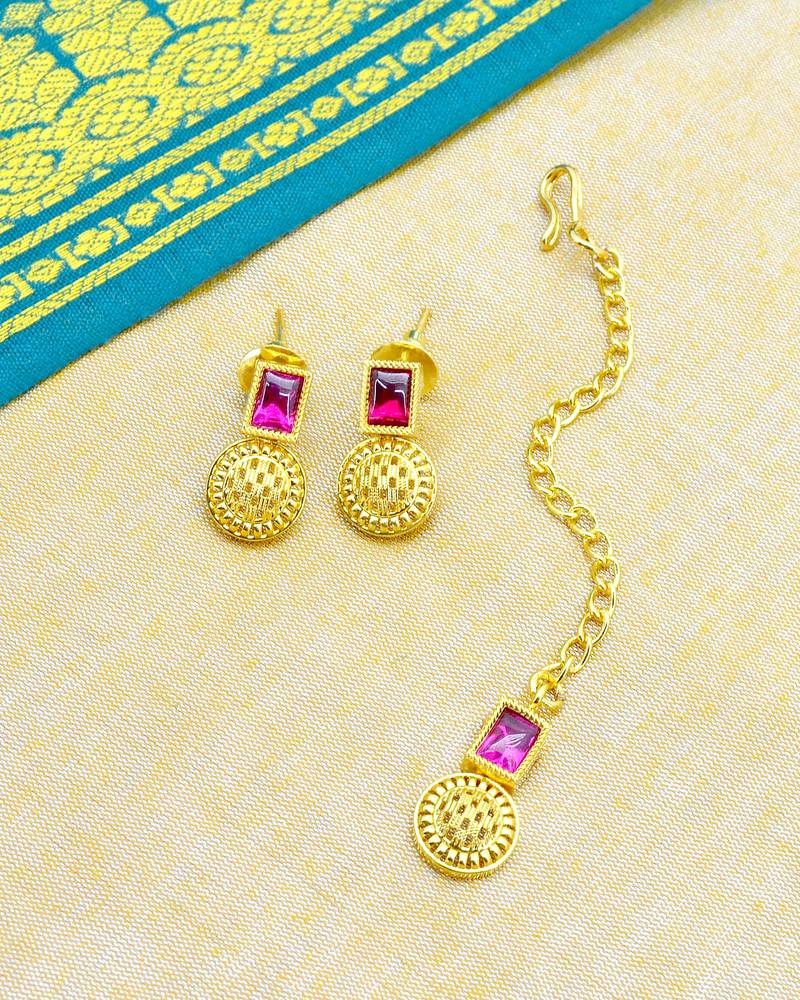 gorgeous round and square shape brass gold plated choker neckalace set with maangtikka for women