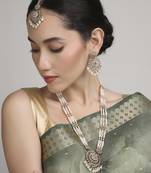 delightful round shape pearl lariat kundan antique gold plated long haram jewellery set for women