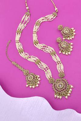 delightful round shape pearl lariat kundan antique gold plated long haram jewellery set for women 2